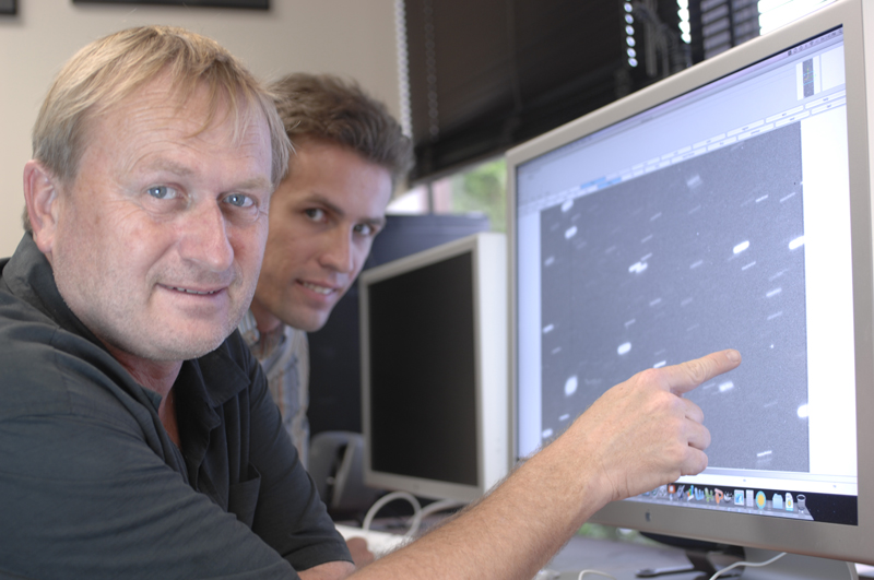 Richard Wainscoat (left) and Marco Micheli study one of the near-Earth asteroids found on January 29. The asteroid is the roundish dot near Wainscoat’s finger. IfA photo by Karen Teramura