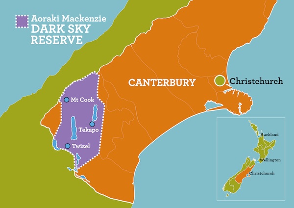 Map of Aoraki Mackenzie International Dark Sky Reserve