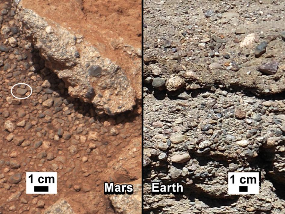 Curiosity's view of the ancient stream bed, compared with similar rock formations on Earth. Credit: NASA/JPL-Caltech/Univ. of Arizona Ancient stream bed on Mars