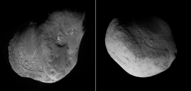 Images of comet Tempel 1, from Deep Impact and Stardust-Next.  Image credit: NASA/JPL-Caltech/Cornell; NASA/JPL-Caltech/UMD