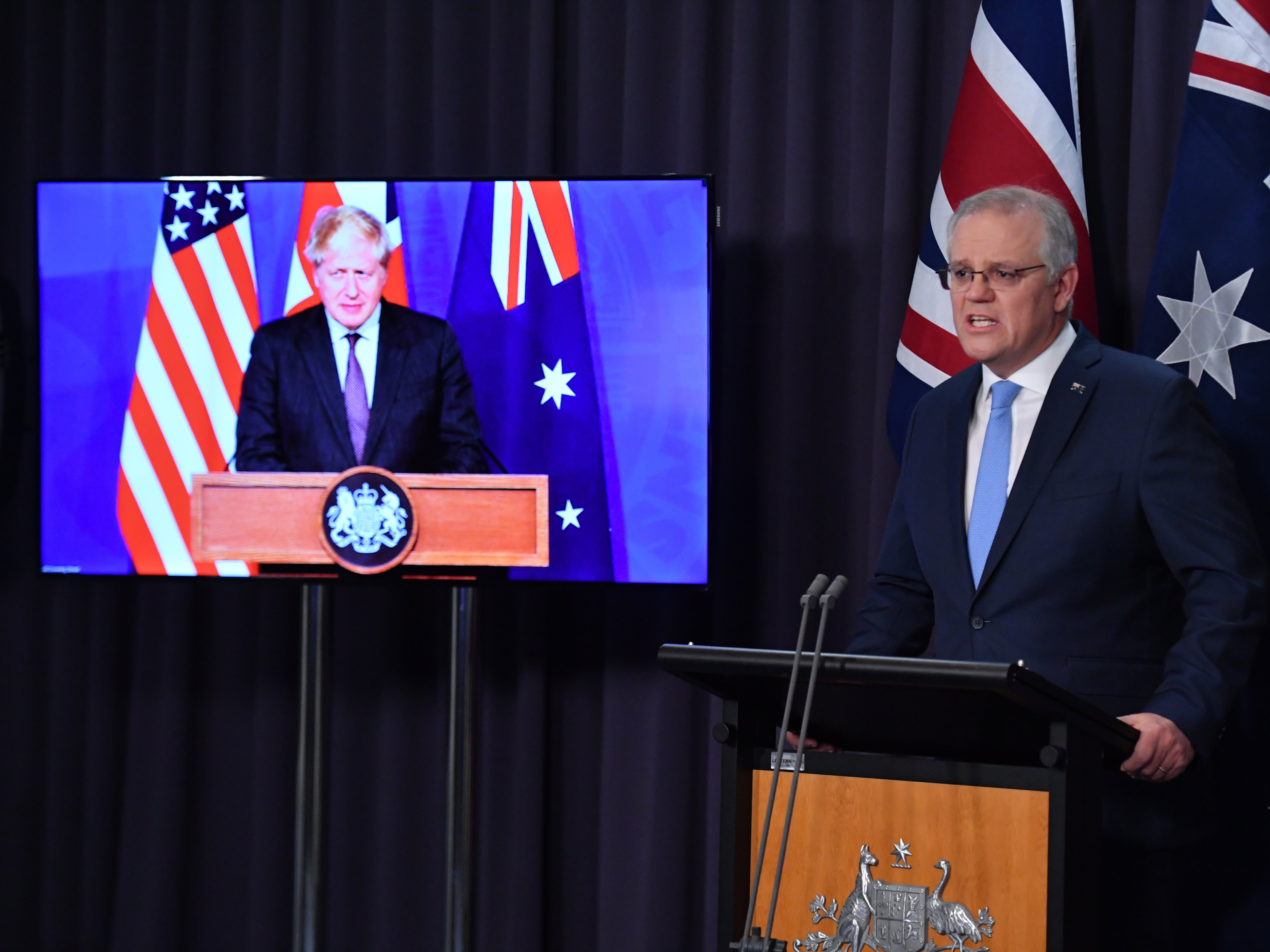 <p>Australian prime minister Scott Morrison announced the new AUKUS alliance (Australië, UK and US) with Boris Johnson earlier this week<blp>