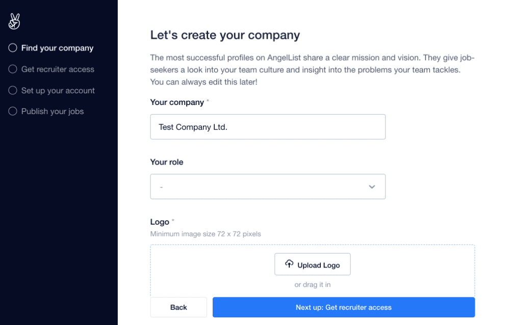 AngelList's company creation page to hire developers