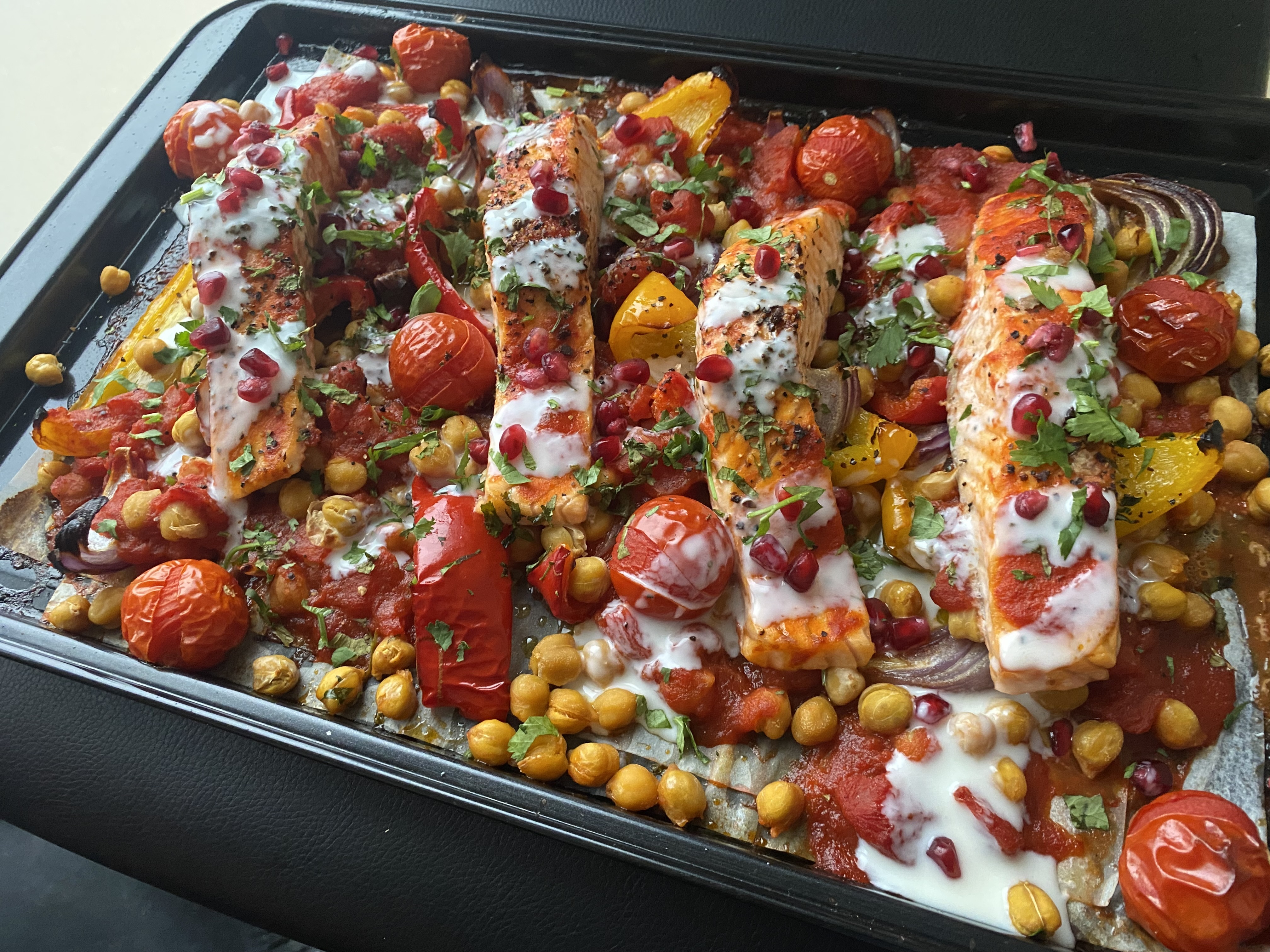 Harissa Trout and Chickpea Traybake