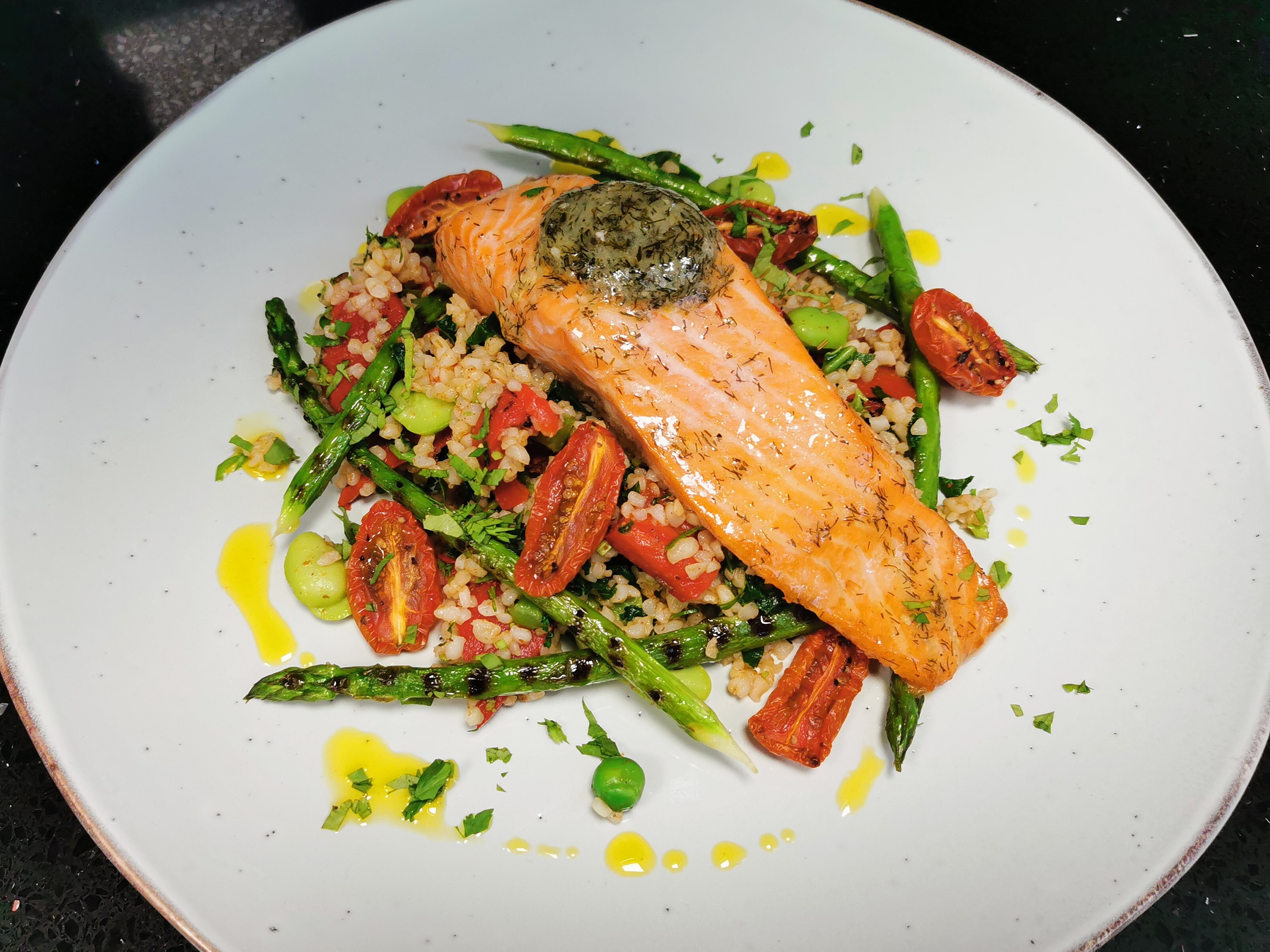 Trout with Lemon & Dill Butter with Bulgur Wheat Salad