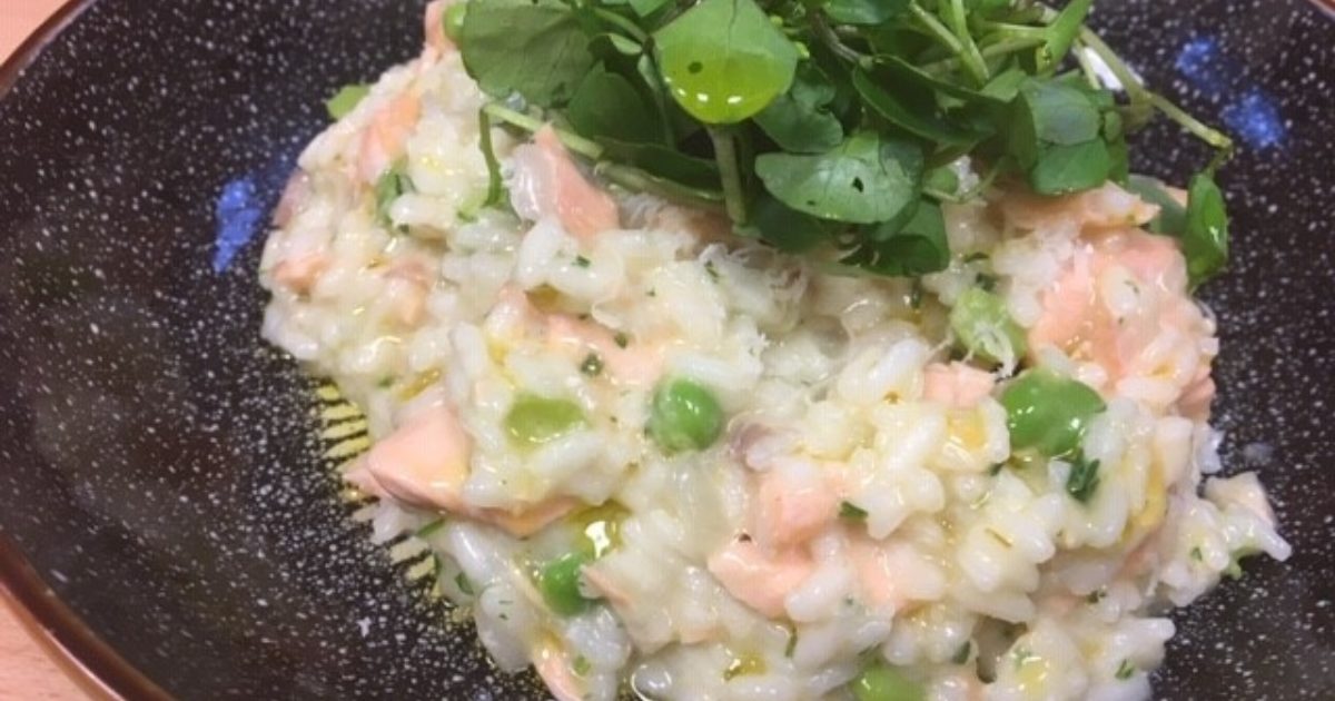 Lightly Smoked Salmon Risotto with Fresh Peas & Broad Beans