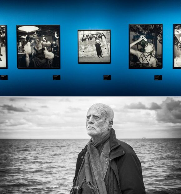 Un'immagine della mostra dedicata a Helmut Newton dal titolo "Intrecci" (ph©Marco Isaia) e Ferdinando Scianna, protagonista del film in programma al Cinema Teatro Magda Olivero di Saluzzo