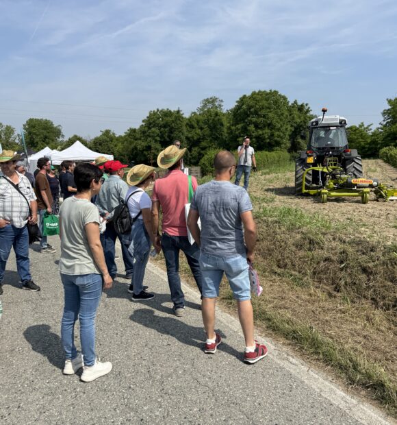 Partecipanti assistono ad un macchinario in funzione all'interno di un giovane noccioleto a Cherasco