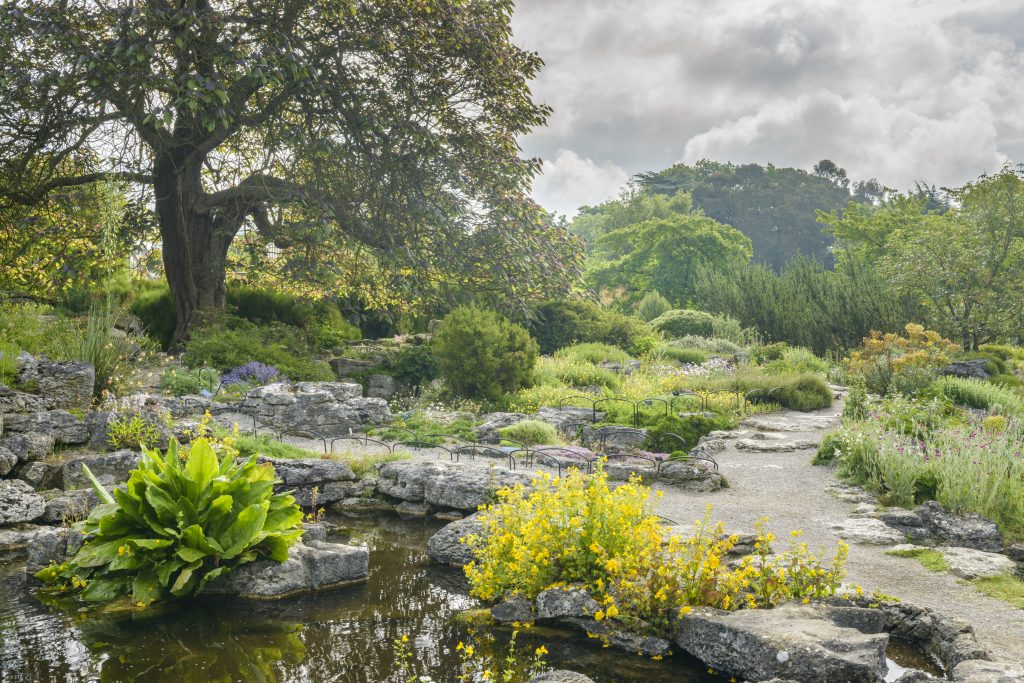 The Limestone Rock Garden. Large grey stones at the edge of the Lake. Green and yellow foliage with trees in the distance.
