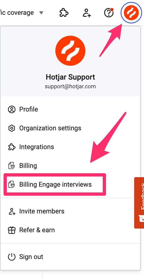 Profile icon and Engage Billing button