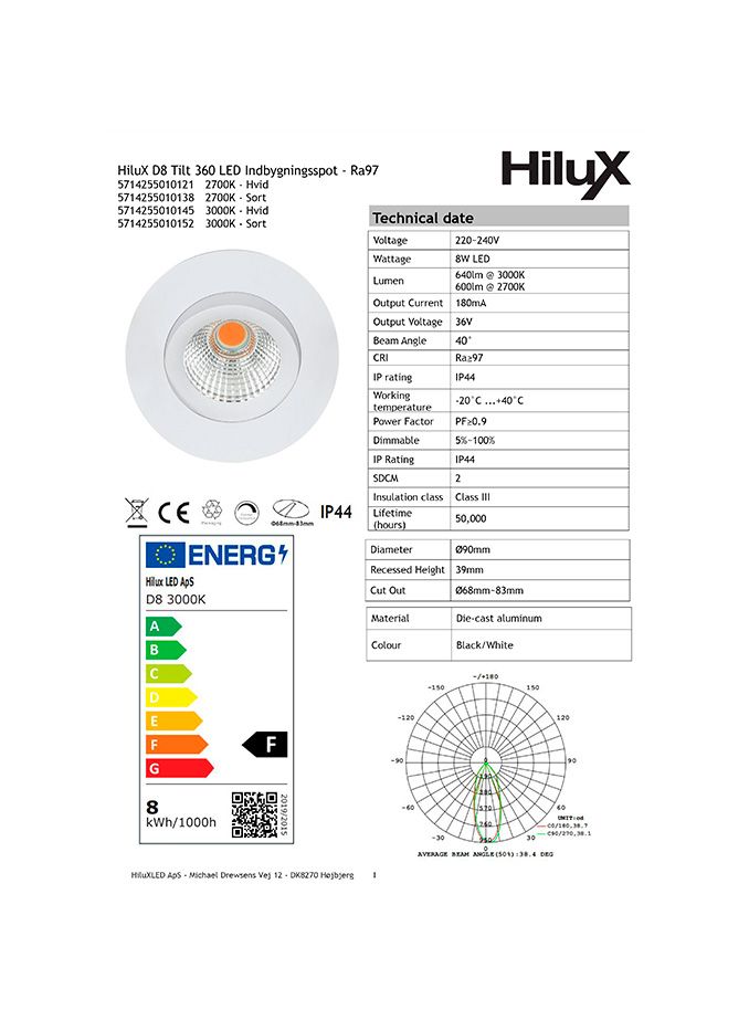 Innfellt Led ljós HiluX D8 Tilt360 - Full Spectrum LED Recessed Spot - Ra97 - 3000K - Image 3