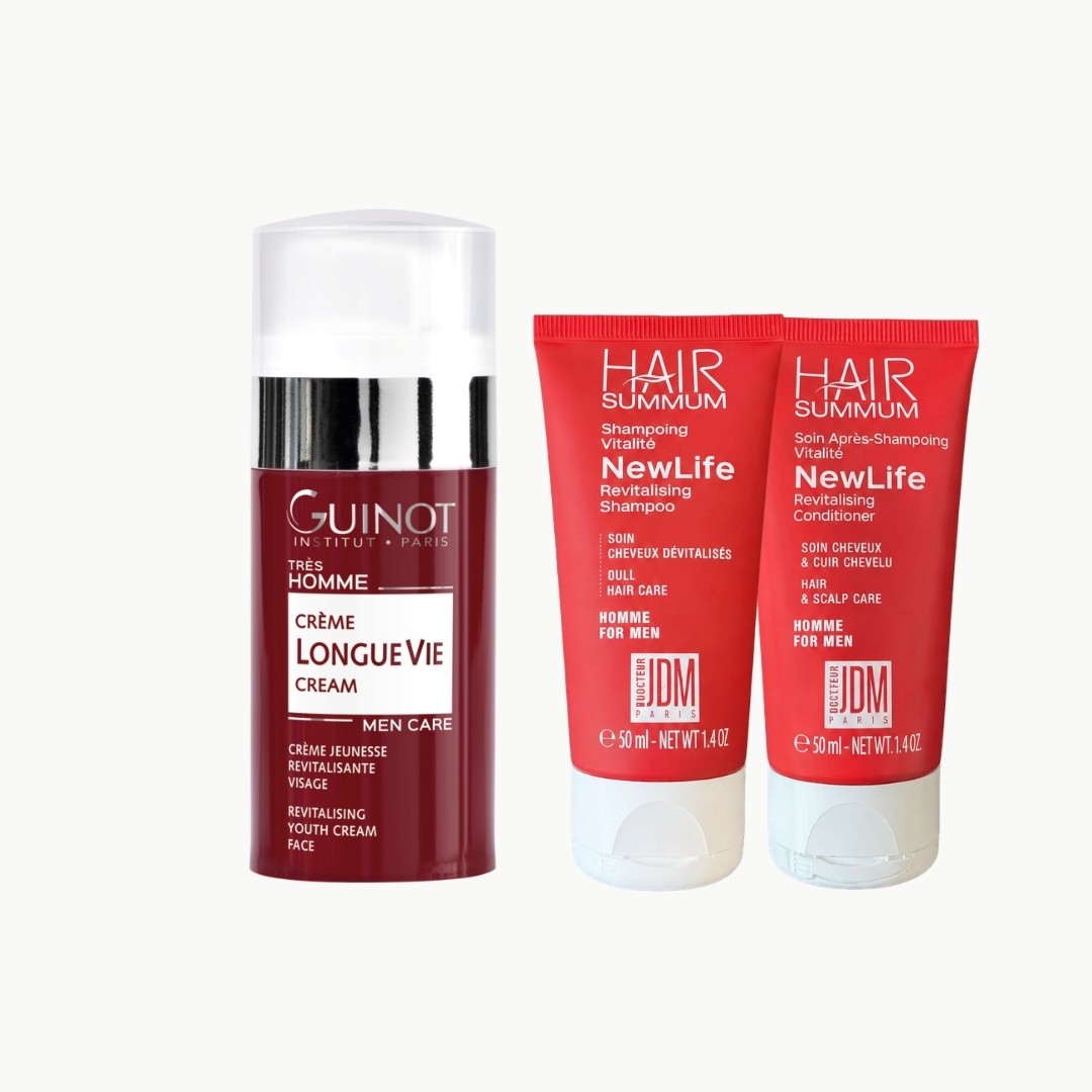Longue Vie herra dagkrem 50ml, sjampó 50ml & næring 50ml frá Hair Summum, kemur í tösku