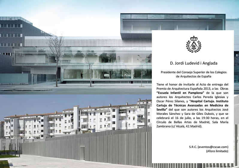 Invitación al acto de entrega, en Madrid, de Premio de Arquitectura Española 2013