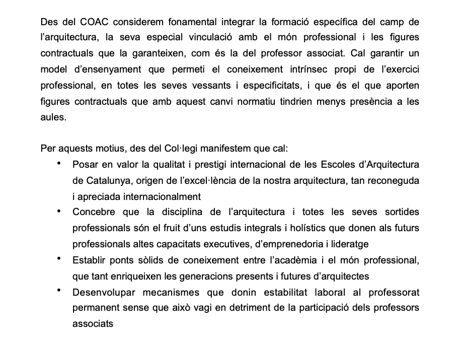 El COACatalunya se suma a las reivindaciones del profesorado de las escuelas de arquitectura ante la LOSU (nota oficial)