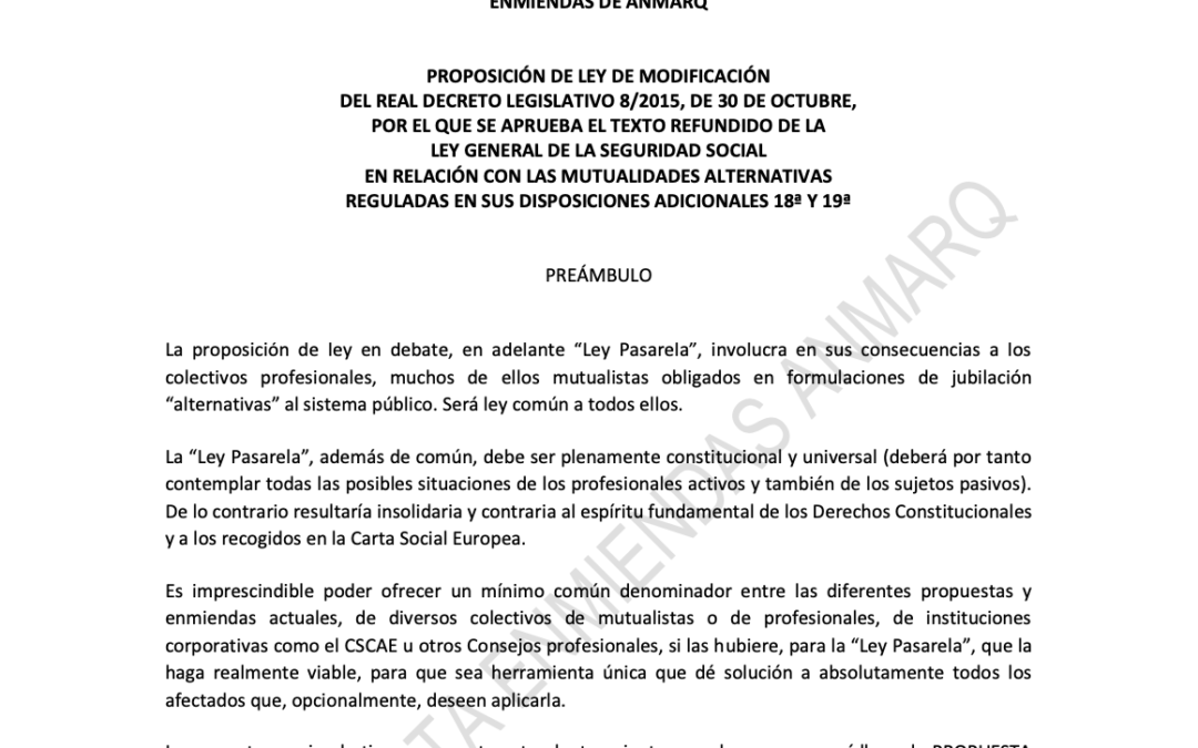Propuesta de Enmiendas a la «ley pasarela RETA», ANMARQ, Asociación Nacional de Mutualistas Arquitectos