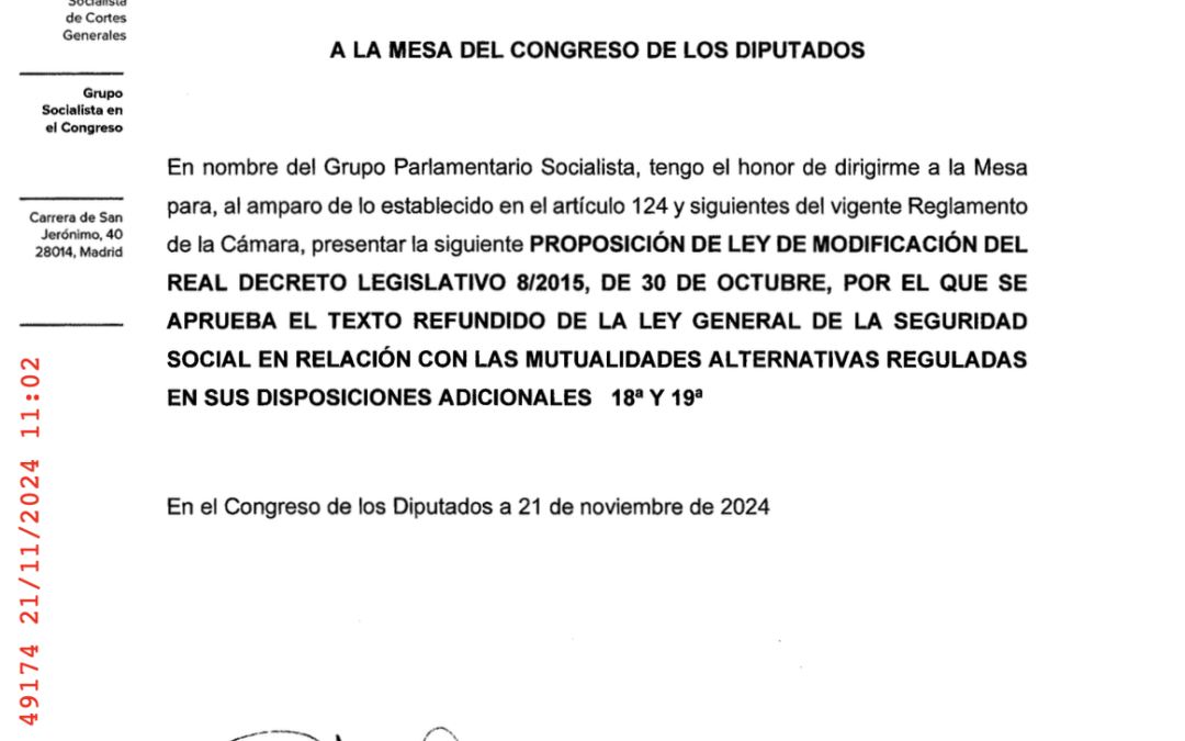 PROPOSICIÓN DE LEY DE MODIFICACIÓN DEL REAL DECRETO LEGISLATIVO 8/2015, DE 30 DE OCTUBRE, POR EL QUE SE APRUEBA EL TEXTO REFUNDIDO DE LA LEY GENERAL DE LA SEGURIDAD SOCIAL EN RELACIÓN CON LAS  MUTUALIDADES ALTERNATIVAS REGULADAS EN SUS DISPOSICIONES ADICIONALES 18a Y 19a