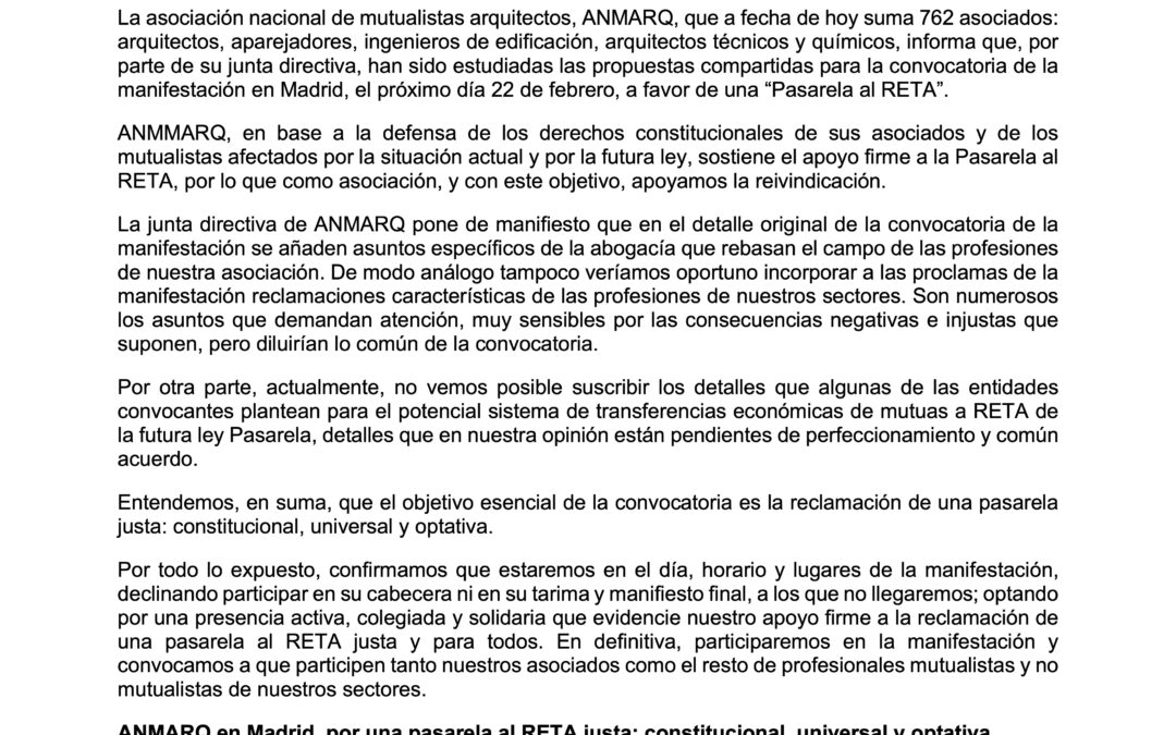 Por una «pasarela al RETA» justa: constitucional, universal y opcional. Convocatoria de manifestación conjunta de profesionales afectados/as y solidarios/as en Madrid, 22 de Febrero