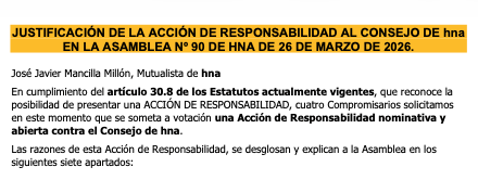 JUSTIFICACIÓN DE LA ACCIÓN DE RESPONSABILIDAD AL CONSEJO DE hna EN LA ASAMBLEA Nº 90 DE HNA DE 26 DE MARZO DE 2026, por Javier Mancilla Millón