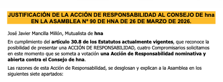 JUSTIFICACIÓN DE LA ACCIÓN DE RESPONSABILIDAD AL CONSEJO DE hna EN LA ASAMBLEA Nº 90 DE HNA DE 26 DE MARZO DE 2026, por Javier Mancilla Millón