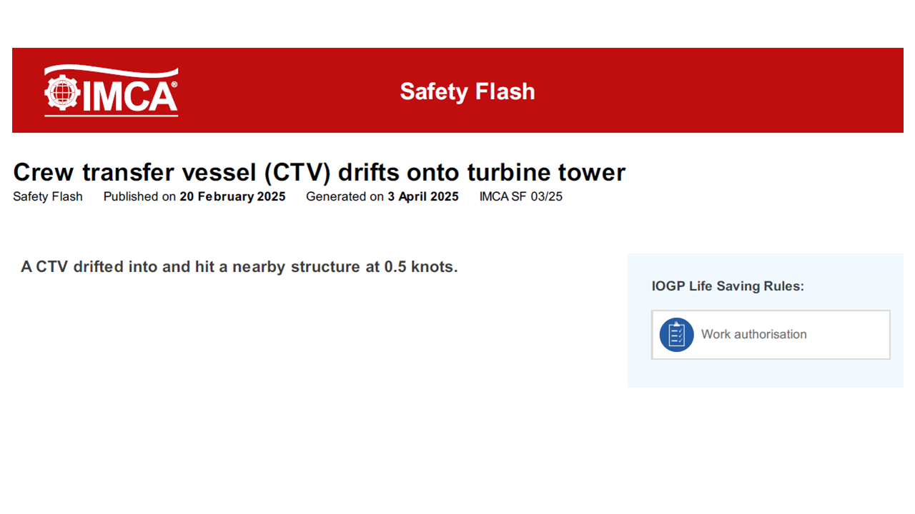 Crew transfer vessel CTV drifts onto turbine tower