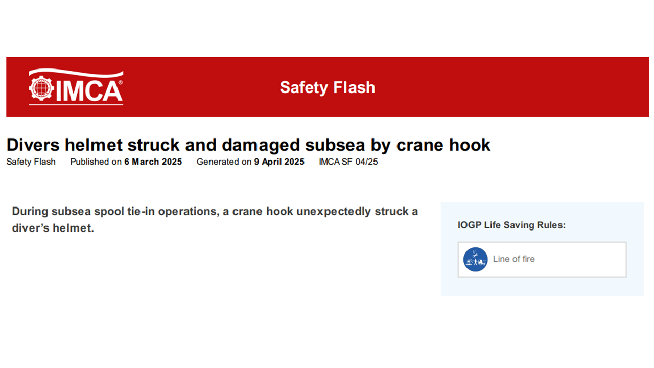 Divers helmet struck and damaged subsea by crane hook
