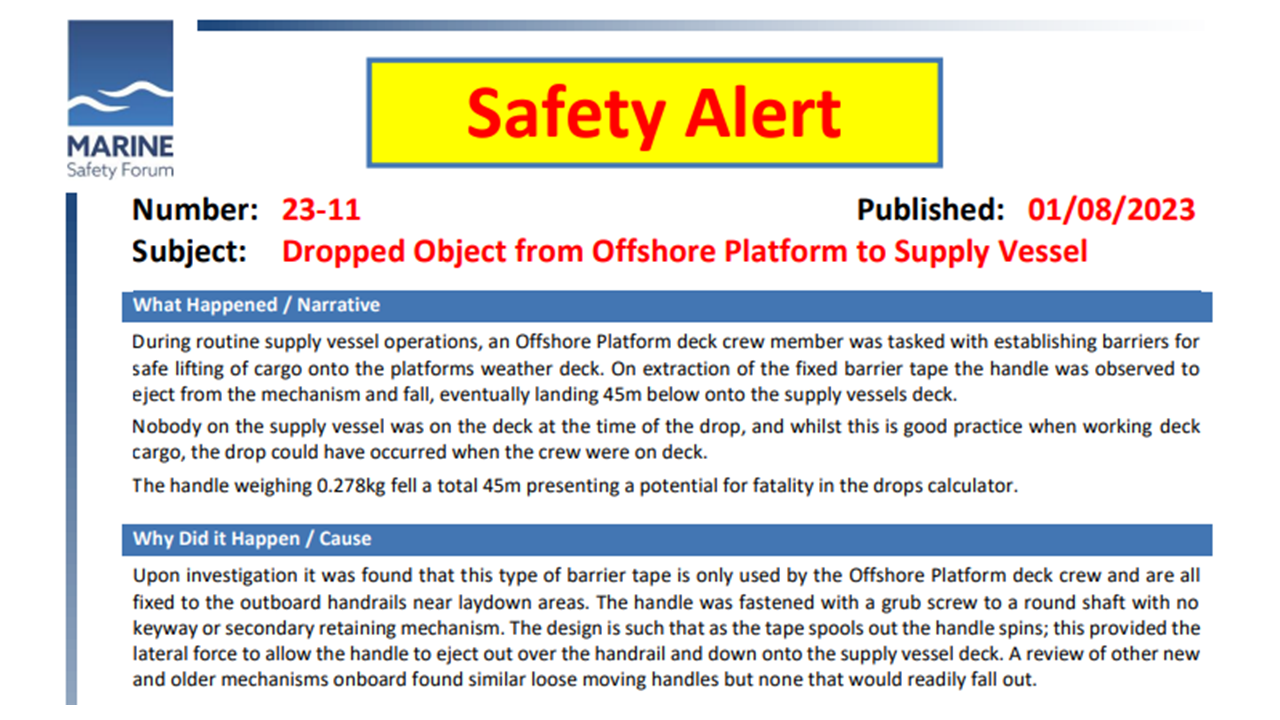 Dropped Object from Offshore Platform to Supply Vessel