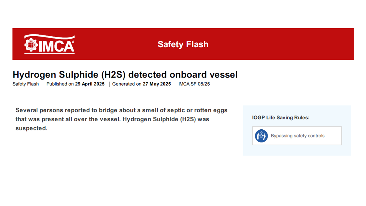 Hydrogen Sulphide H2 S detected onboard vessel