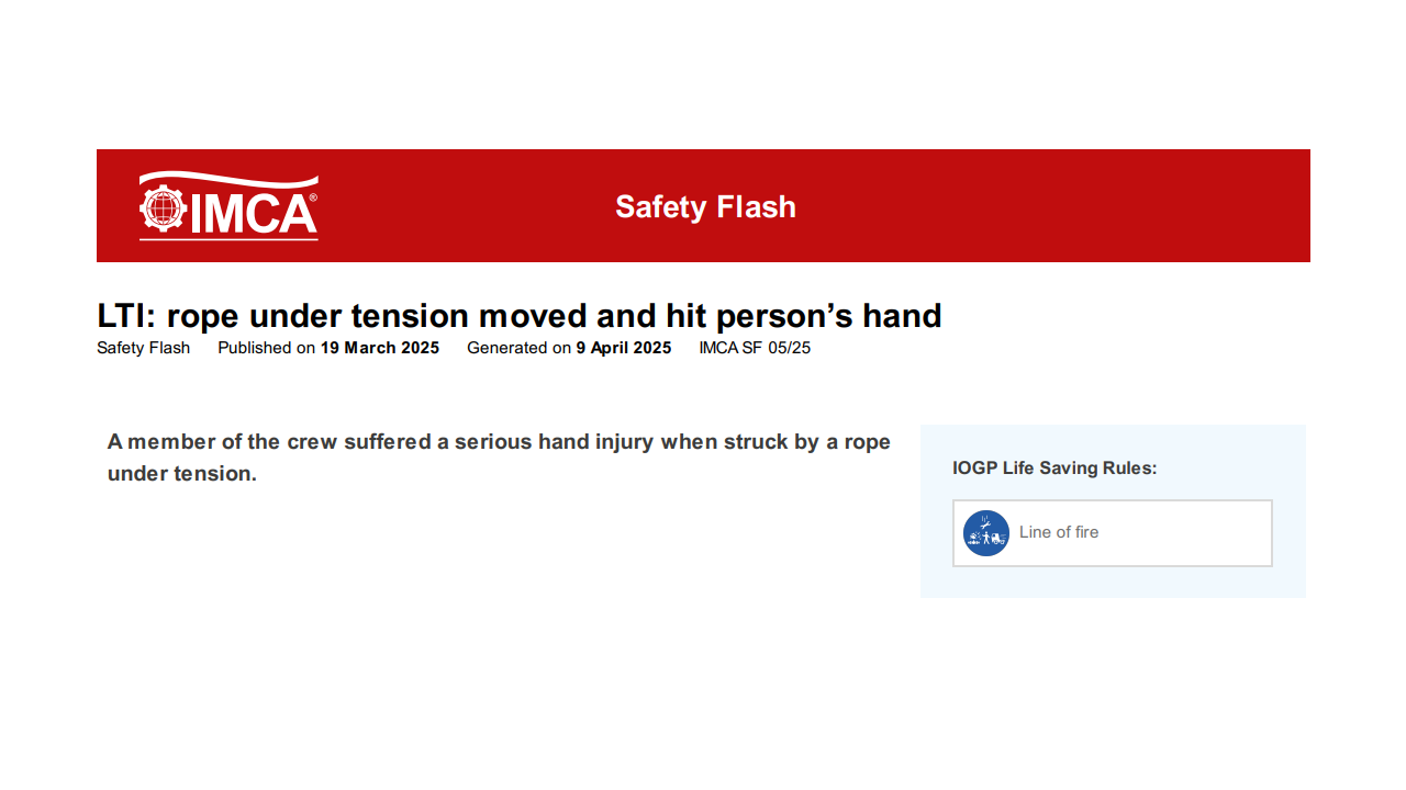 LTI rope under tension moved and hit persons hand