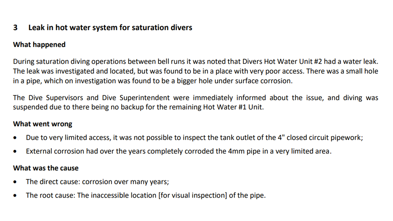 Step Change in Safety Leak in hot water system for saturation divers