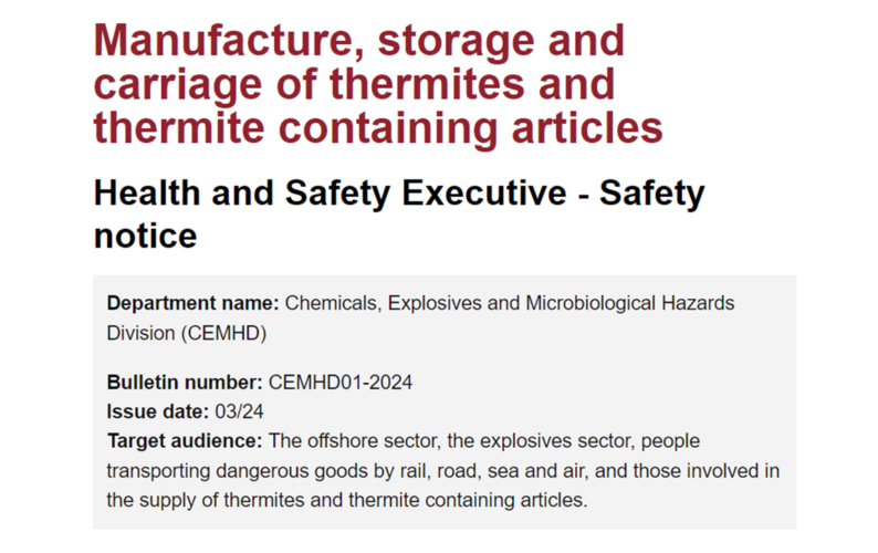Manufacture storage and carriage of thermites and thermite containing articles