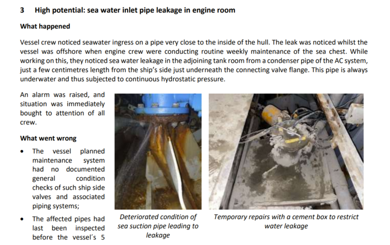 Sea water inlet pipe leakage in engine room