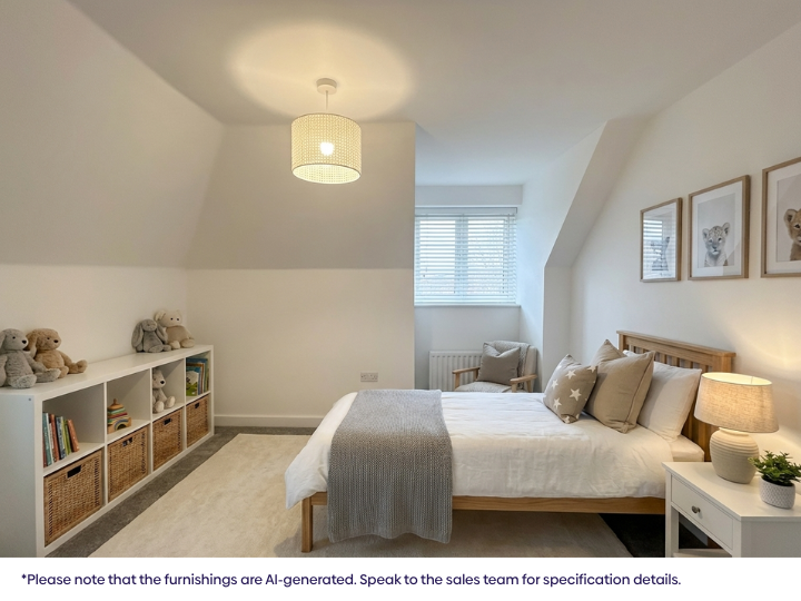 Light, cosy bedroom with sloped ceilings featuring a double bed dressed in neutral bedding, built‑in shelving, carpeted flooring, and a window allowing natural light.