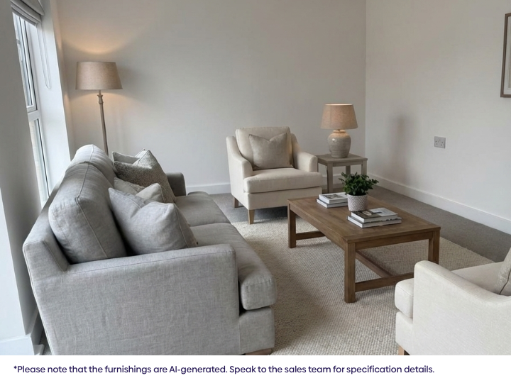 Modern living room with a grey sofa, upholstered armchair, wooden coffee table, table lamp, framed wall artwork, and soft carpeted flooring in a neutral colour scheme.
