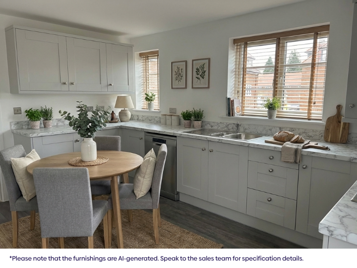 Bright, modern kitchen with light‑coloured fitted cabinets, wood‑effect flooring, a round dining table with chairs, and a window with blinds allowing natural light.