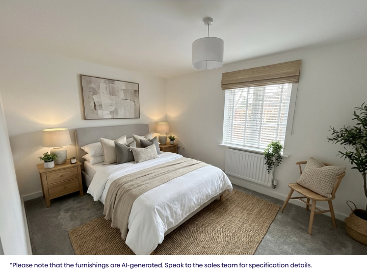 Light, modern bedroom with a double bed dressed in neutral bedding, bedside tables with lamps, carpeted flooring, framed artwork, and windows with blinds providing natural daylight.