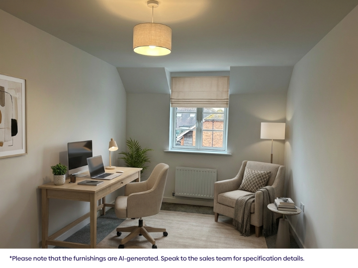 Workspace with desk and chair, an armchair with floor lamp, neutral d&eacute;cor, carpeted flooring, and a window allowing natural light.