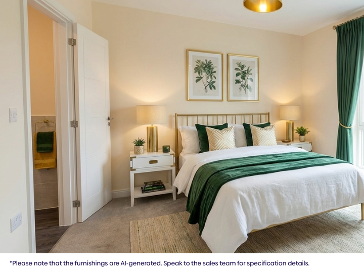 Calm, modern bedroom with a double bed dressed in green and white bedding, bedside tables with lamps, framed wall artwork, neutral d&eacute;cor, and a window with curtains providing daylight.