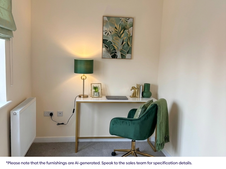 Small home workspace featuring a white desk, green upholstered chair, table lamp, framed wall art, neutral walls, and soft lighting creating a bright work area.