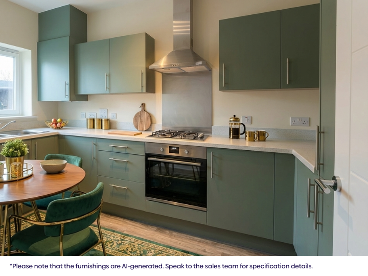 Stylish fitted kitchen featuring green cabinets, light worktops, integrated oven and hob with extractor hood, wood‑effect flooring, and a dining area with round table and chairs.