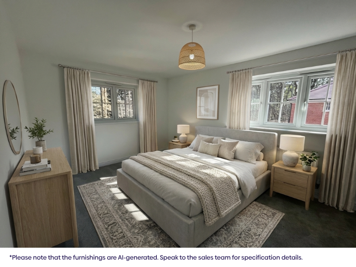 Bright, modern bedroom featuring a double bed with neutral bedding, bedside tables with lamps, soft carpeting, and windows with curtains allowing natural light.