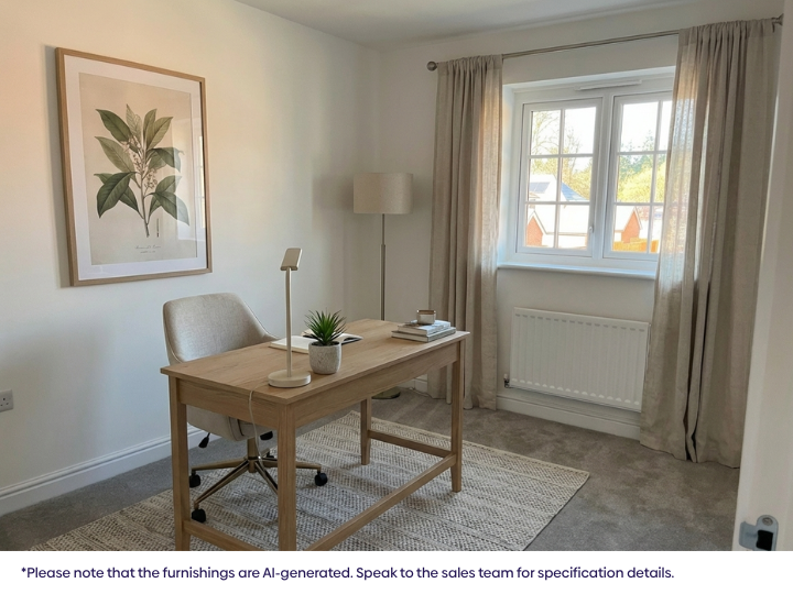 Workspace area featuring a wooden desk with chair, framed wall artwork, floor lamp, neutral d&eacute;cor, and a glazed window allowing natural light into the room.