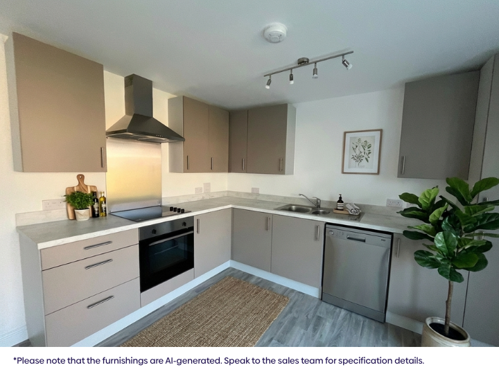 Modern fitted kitchen with light‑coloured cabinets, integrated oven and extractor, wood‑effect flooring, and neutral walls in a bright layout.