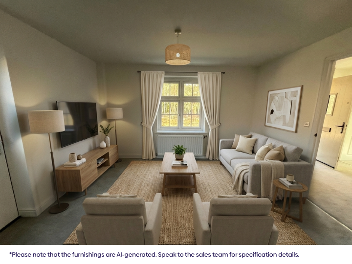 Light, modern living room with a grey sofa, armchair, coffee table, soft carpeted flooring, framed wall art, and windows with curtains providing natural daylight.