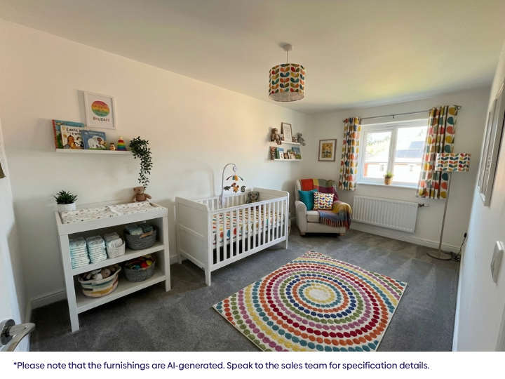 Light, welcoming nursery with a white cot, storage shelves, colourful play rug, neutral walls, and windows providing natural daylight.