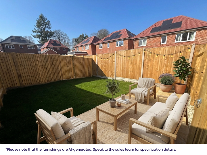 Private rear garden with a neatly maintained lawn, wooden fencing, outdoor seating area with chairs and table, and neighbouring houses visible beyond.