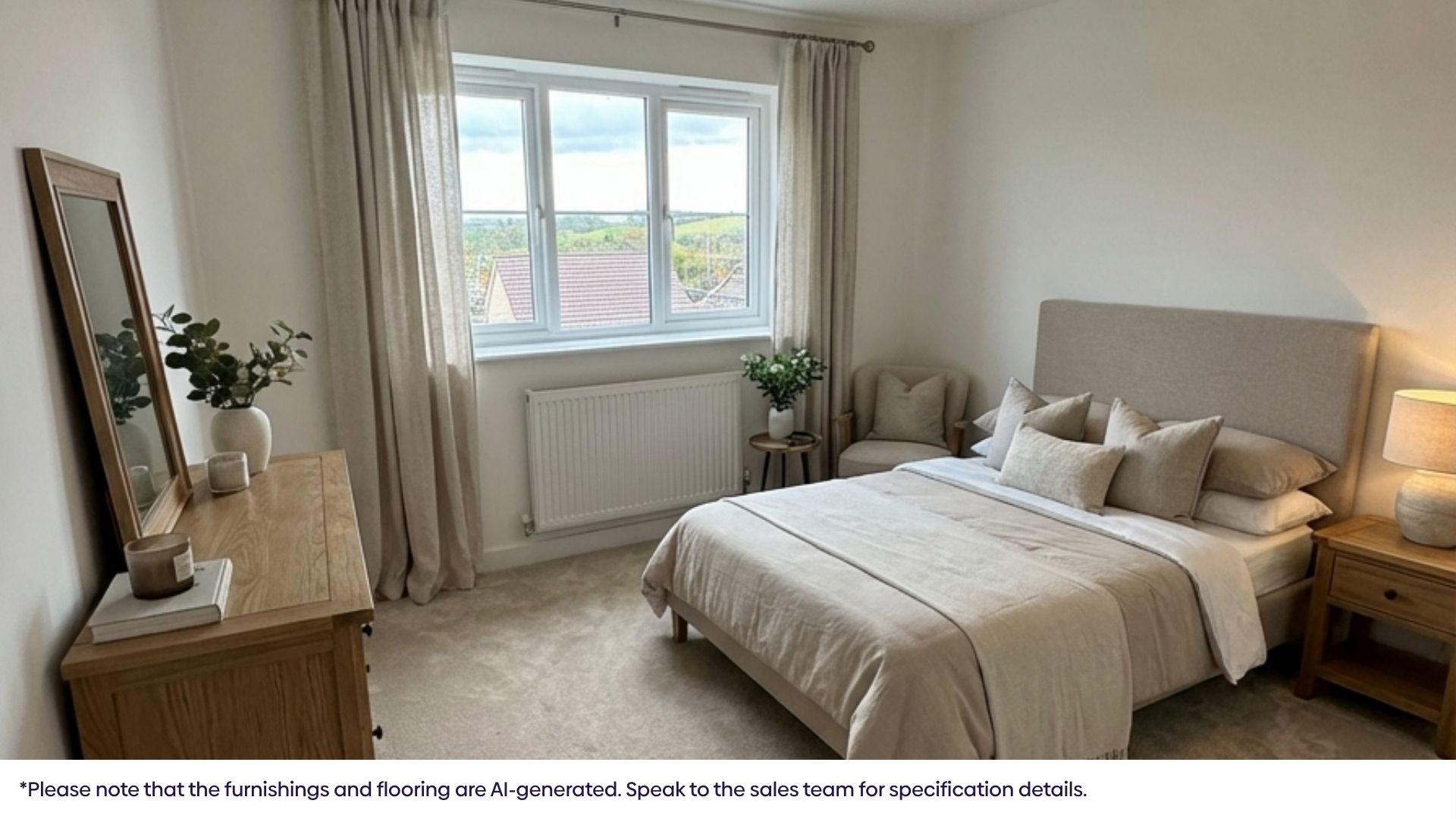 Bright bedroom featuring a neatly made double bed with neutral bedding, bedside tables, an upholstered chair, and a large window with curtains overlooking greenery.