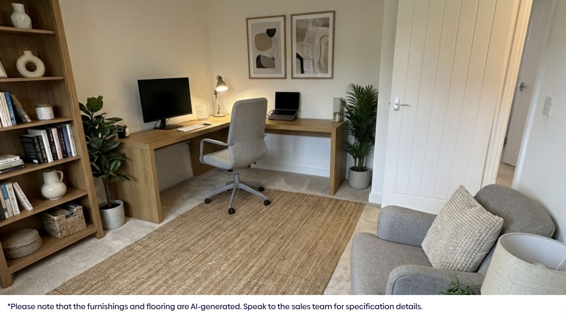 Light, modern home office featuring a wooden desk with a computer and lamp, an office chair, framed wall art, and a plant beside the desk.