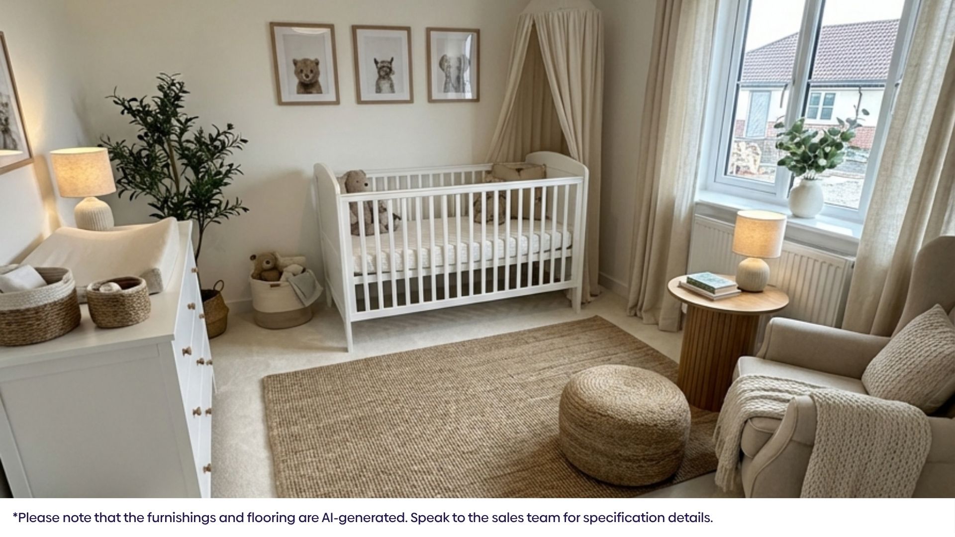 Light, neutral nursery featuring a white wooden cot, framed artwork above the cot, a woven rug, and soft curtains by the window.