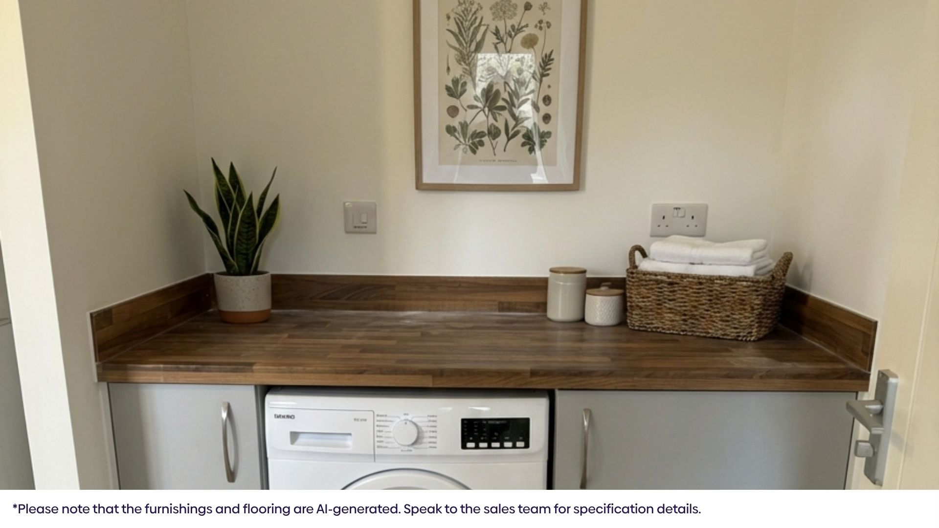 Section of a modern kitchen featuring a built-in washing machine beneath a wooden worktop, with decorative jars, a potted plant, and framed wall artwork above.