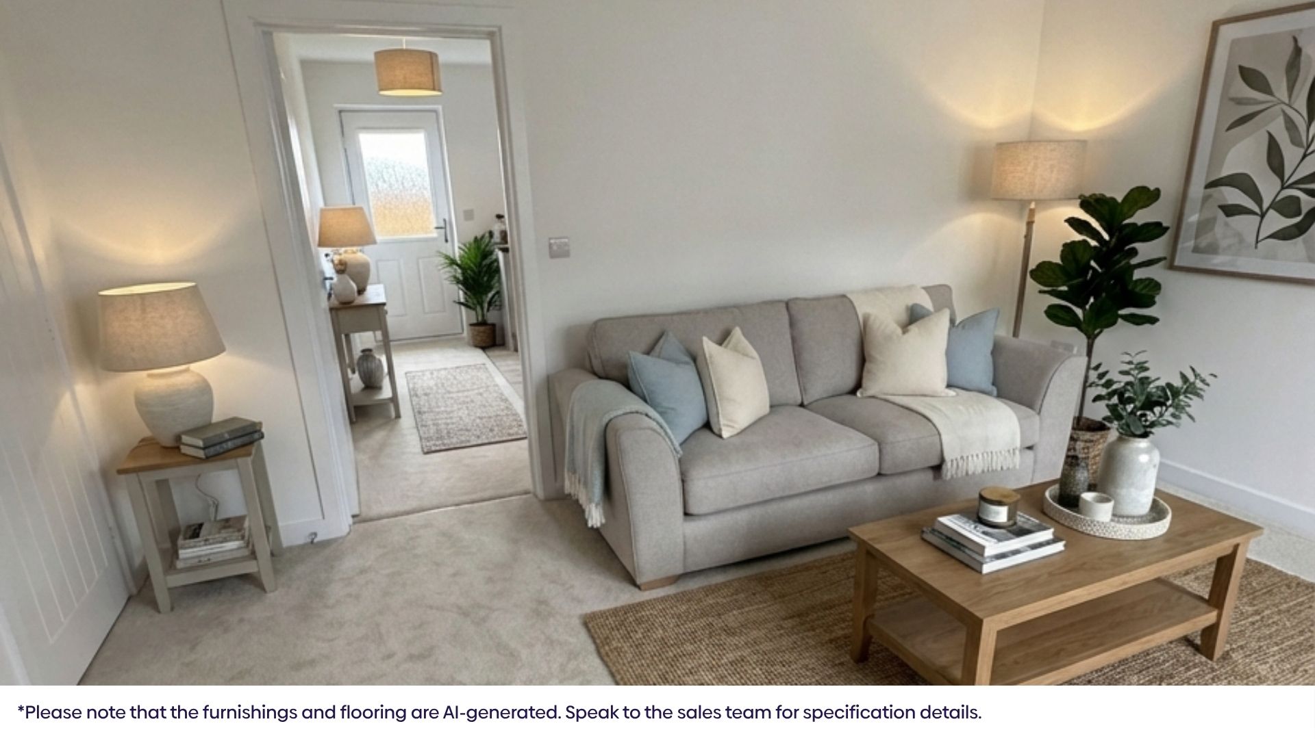 Light, modern living room featuring a grey two-seat sofa with cushions, a side table with books, a floor lamp, and an open doorway to a furnished adjoining room.