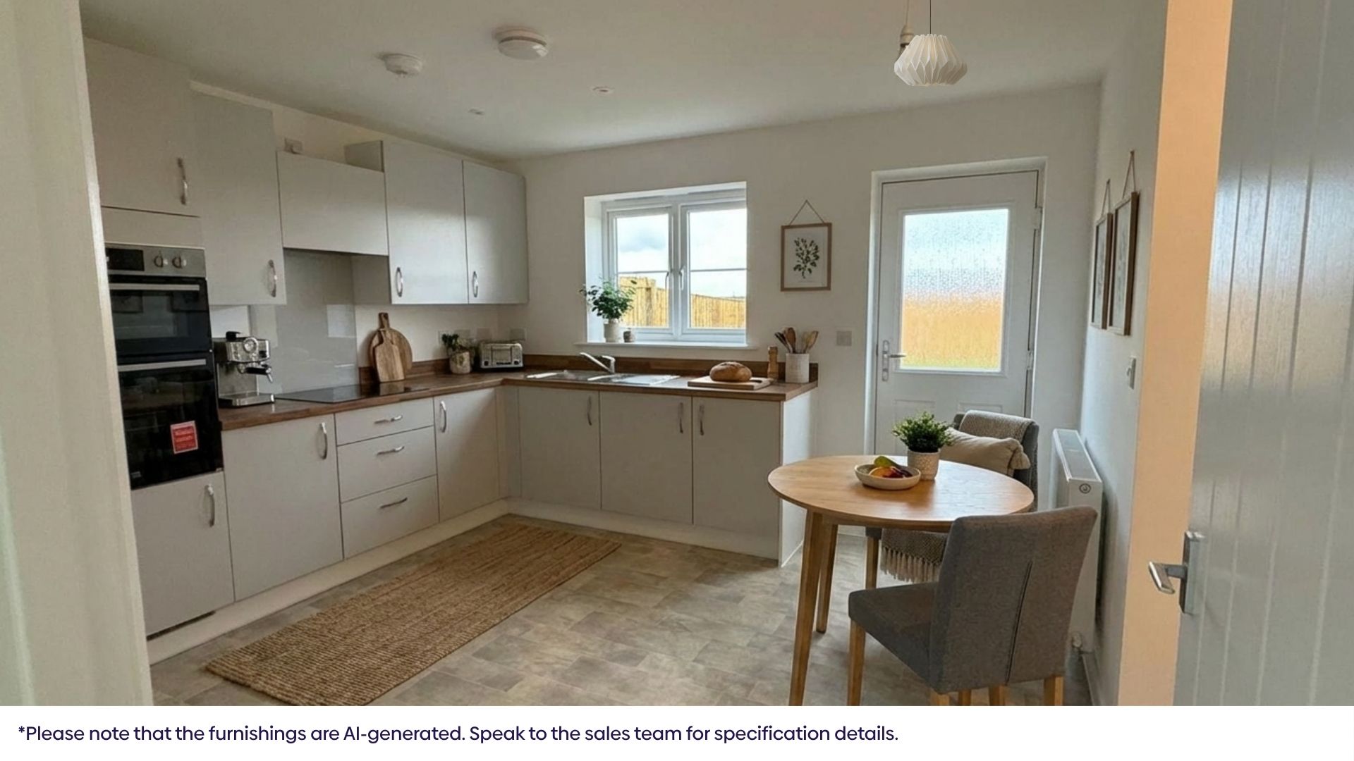 Modern kitchen with white cabinets, wooden worktops, stainless steel appliances, and a small round dining table positioned by large windows.